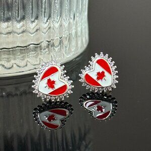 Canada Flag Earrings Heart bling S925 Sterling Silver Stud Earrings Handmade